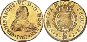 Ferdinand VI gold 8 Escudos 1751 So-J MS63 NGC, Santiago mint, KM3, Cal-72, Onza-644. This immensely alluring 8 Escudos puts tranquil golden surfaces ...