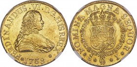 Ferdinand VI gold 8 Escudos 1759 So-J MS61 NGC, Santiago mint, KM12, Onza-657. Variety with the King's name spelled out as "FERDINANDUS". A sharply an...
