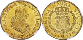 Charles III gold 8 Escudos 1763 So-J AU55 NGC, Santiago mint, KM20. From a popular, four-date series, shown here with incredible rose colored flash at...