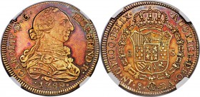 Charles IV gold 8 Escudos 1789 So-DA AU55 NGC, Santiago mint, KM42. "Carol IV" type. Post-transition issue showing the old bust of Charles III. Colorf...