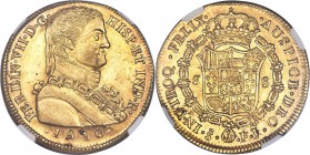 Ferdinand VII gold 8 Escudos 1810 So-FJ UNC Details (Cleaned) NGC, Santiago mint, KM72, Onza-1346. Impeccably struck, with almost no instances of soft...