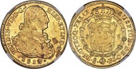 Ferdinand VII gold 8 Escudos 1813 So-FJ AU53 NGC, Santiago mint, KM78. Semi-lustrous and problem-free with an interestingly shaped planchet flaw in th...