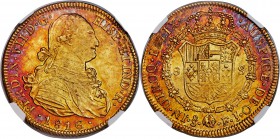 Ferdinand VII gold 8 Escudos 1816 So-FJ AU58 NGC, Santiago mint, KM78. Type showing the bust of the former monarch, Charles IV. Admirably toned, with ...