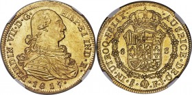 Ferdinand VII gold 8 Escudos 1817/8 So-FJ MS63 NGC, Santiago mint, KM78, Fr-29. An interesting 7/8 overdate on an extremely choice example of the type...