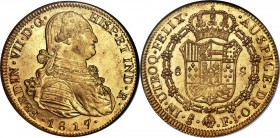 Ferdinand VII gold 8 Escudos 1817/8 So-FJ MS61 NGC, Santiago mint, KM78, Fr-29. Some dies dated 1818 were prepared by the Republicans before they had ...