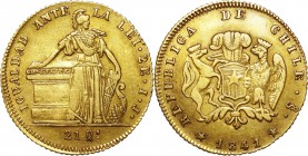 Republic gold 2 Escudos 1841 So-IJ XF45 NGC, Santiago mint, KM102.1. Very lightly toned and original with well-struck details. A superior example of t...