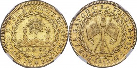 Republic gold 8 Escudos 1819 So-FD AU53 NGC, Santiago mint, KM84. Fr-33. An attractive type coin with engaging illustrations and typical wear and hand...