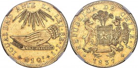 Republic gold 8 Escudos 1837 So-IJ AU53 NGC, Santiago mint, KM93, Onza-1630. A solid example for the grade, with glowing, reddish iridescence that rad...