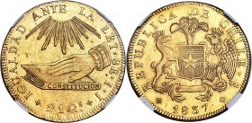 Republic gold 8 Escudos 1837 So-IJ AU Details (Surface Hairlines) NGC, Santiago mint, KM93, Onza-1636. Struck on a problem-free flan with an even stri...