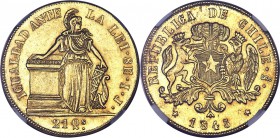 Republic gold 8 Escudos 1845 So-IJ MS62 NGC, Santiago mint, KM104.2, Fr-41. Hailing from a highly elusive series, this example is not only the first o...