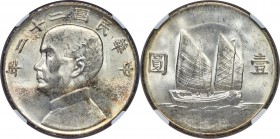 Republic Sun Yat-sen "Junk" Dollar Year 22 (1933) MS64 NGC, KM-Y345, L&M-109. Very well-rendered and nearly dripping with silver luster, a pleasing fr...