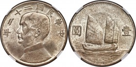 Republic Sun Yat-sen "Junk" Dollar Year 22 (1933) MS63 NGC, KM-Y345, L&M-109. A regal silty patina graces the surfaces of this choice example, whose e...