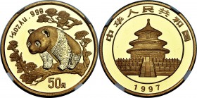 People's Republic gold "Large Date" Panda 50 Yuan (1/2 oz) 1997 MS69 NGC, KM990, PAN-280a. A reflective and near-perfect example of the type. 

HID098...