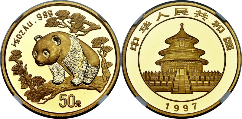 People's Republic gold "Large Date" Panda 50 Yuan (1/2 oz) 1997 MS69 NGC, KM990,...