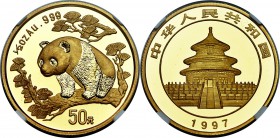 People's Republic gold "Large Date" Panda 50 Yuan (1/2 oz) 1997 MS69 NGC, KM990, PAN-280a. Nearly flawless preservation makes this offering a highly c...