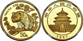 People's Republic gold "Large Date" Panda 50 Yuan (1/2 oz) 1997 MS69 NGC, KM990, PAN-280a. A brilliant offering with an essentially Proof finish and f...