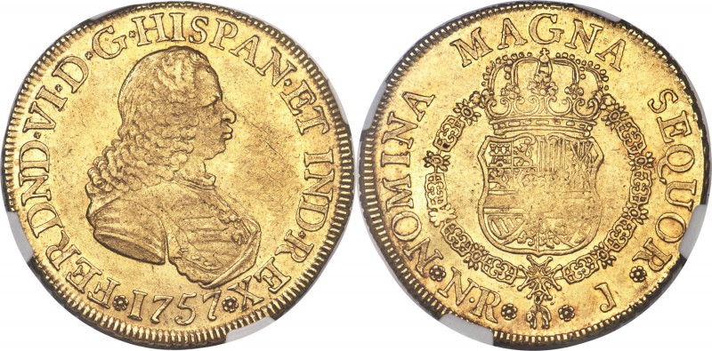 Ferdinand VI gold 8 Escudos 1757 NR-J AU58 NGC, Nuevo Reino mint, KM32.1. A plea...