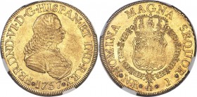 Ferdinand VI gold 8 Escudos 1757 NR-J AU58 NGC, Nuevo Reino mint, KM32.1. A pleasing example exhibiting satiny fields displaying only light friction. ...