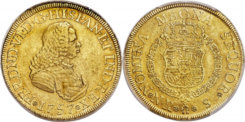 Ferdinand VI gold 8 Escudos 1757 NR-S AU55 PCGS, Nuevo Reino mint, KM32.1, Onza-...