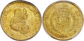 Ferdinand VI gold 8 Escudos 1757 NR-S AU55 PCGS, Nuevo Reino mint, KM32.1, Onza-638. A challenging type to acquire in this elusive quality, with resid...