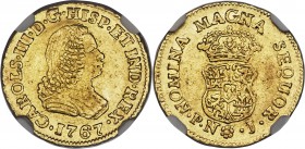 Charles III gold Escudo 1767 PN-J AU55 NGC, Popayan mint, KM35, Fr-30. Sun gold with significant remnant luster in the legends. 

HID09801242017
