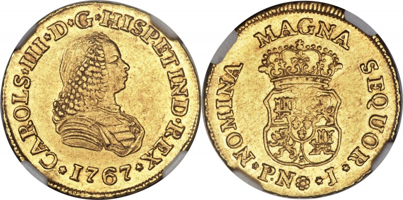 Charles III gold 2 Escudos 1767 PN-J AU58 NGC, Popayan mint, KM36.2. A well-stru...