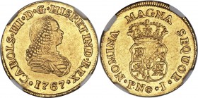Charles III gold 2 Escudos 1767 PN-J AU58 NGC, Popayan mint, KM36.2. A well-struck representative of the issue with generally strong detail and flashy...