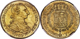 Charles III gold 8 Escudos 1769 NR-V MS62 NGC, Nuevo Reino mint, KM41, Restrepo-M71.14. A spectacular offering of this scarce assayer issue, wherein e...