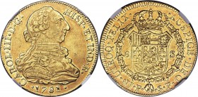 Charles III gold 8 Escudos 1781 P-SF AU55 NGC, Popayan mint, KM50.2. A charming specimen that combines tinges of copper mixed with antiqued tone, typi...