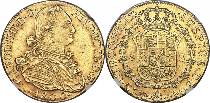 Charles IV gold 8 Escudos 1800 NR-JJ AU58 NGC, Nuevo Reino mint, KM62.1, Fr-51. ...