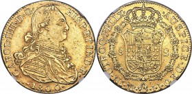 Charles IV gold 8 Escudos 1800 NR-JJ AU58 NGC, Nuevo Reino mint, KM62.1, Fr-51. A boldly executed example, bordering on Mint State, with toned, lemon-...