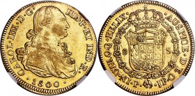 Charles IV gold 8 Escudos 1800 P-JF AU50 NGC, Popayan mint, KM62.2. A handsome example with mild, highpoint friction at the centers and a touch of bri...