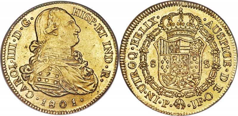 Charles IV gold 8 Escudos 1801 P-JF AU55 NGC, Popayan mint, KM62.2. Sharply stru...