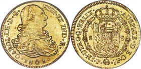 Charles IV gold 8 Escudos 1801 P-JF AU55 NGC, Popayan mint, KM62.2. Sharply struck with virtually full mint luster, a premium coin for this era.

HID0...