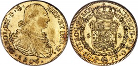 Charles IV gold 8 Escudos 1806/5 P-JF AU55 NGC, Popayan mint, KM62.2, Onza-1072. 1. Intriguing overdate type with borderline Mint State qualities, lig...