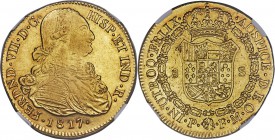 Ferdinand VII gold 8 Escudos 1817 P-FM AU53 NGC, Popayan mint, KM66.2, Onza-1298. Decorated with russet color at the legends and with the usual amount...