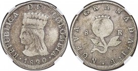 Nueva Grenada Mule 8 Reales 1820-JF VF25 NGC, Bogota mint, KM-D7, Restrepo-156.1. A scarce and highly valued one-year mule type struck with the obvers...
