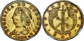 Republic gold 8 Escudos 1824 BOGOTA-JF AU53 NGC, Bogota mint, KM82.1. Displaying a wide planchet toned to an aged-gold color, with graphite tone that ...
