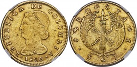 Republic gold 8 Escudos 1826 BOGOTA-JF AU58 NGC, Bogota mint, KM82.1. Bordering on uncirculated, with plenty of detail showing despite the usual flat ...