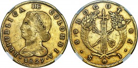 Republic gold 8 Escudos 1827 BOGOTA-JF XF40 NGC, Bogota mint, KM82.1. Olive-gold in appearance, with even wear across the raised features and a number...