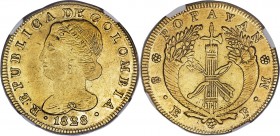 Republic gold 8 Escudos 1828 POPAYAN-FM AU50 NGC, Popayan mint, KM82.2. Highly luminous, particularly at the legends, with minimal circulation wear ov...