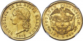 Nueva Granada gold 10 Pesos 1853-POPAYAN AU58 NGC, Popayan mint, KM116.2. An attractive specimen with lustrous goldenrod surfaces, a solid strike over...