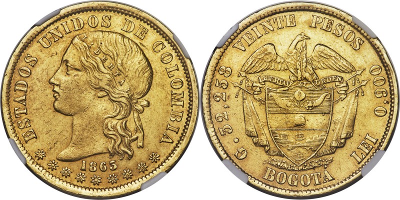 Estados Unidos gold 20 Pesos 1863-BOGOTA AU55 NGC, Bogota mint, KM142.1. An idea...