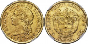 Estados Unidos gold 20 Pesos 1863-BOGOTA AU55 NGC, Bogota mint, KM142.1. An ideal representative of the type, displaying nearly full definition across...