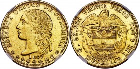 Estados Unidos gold 20 Pesos 1869-MEDELLIN AU58 NGC, Medellin mint, KM142.2. Mintage: 7,313. Blonde surfaces with semi-lustrous fields showing an even...