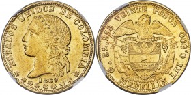 Estados Unidos gold 20 Pesos 1869-MEDELLIN AU55 NGC, Medellin mint, KM142.2. A gently cared for example that clearly saw only a brief period in circul...