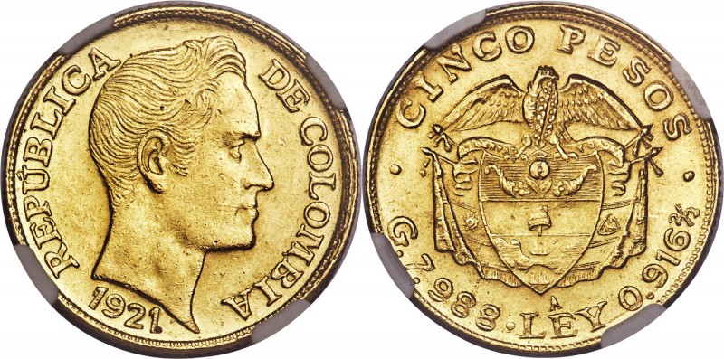 Republic gold 5 Pesos 1921-A MS62 NGC, Antioquia mint, KM201.1, Sed-53, Restrepo...