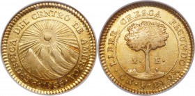 Central American Republic gold 2 Escudos 1835 CR-F AU55 NGC, San Jose mint, KM15. Lightly toned and attractive with no adjustment marks or flan flaws....
