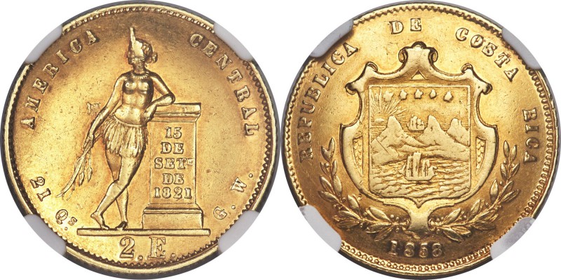 Republic gold 2 Escudos 1858-GW AU55 NGC, San Jose mint, KM99. Mintage: 17,000. ...