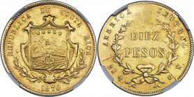 Republic gold 10 Pesos 1870-GW AU55 NGC, San Jose mint, KM115. Mintage: 20,000. An original example with much luster still remaining, a sharper than u...